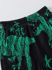 Set de 2 piezas de camiseta de cuello redondo y pantalones cortos con estampado de dinosaurio para niño pequeño, informal para vacaciones de verano y escuela, 4-7 años - Negro - Ver 4
