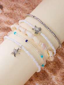 Set de 5 piezas de tobillera con cuentas de conchas, estrellas de mar y tortugas, adecuado para mujeres en vacaciones de playa y uso diario, regalo de verano - Plateado - Ver 2