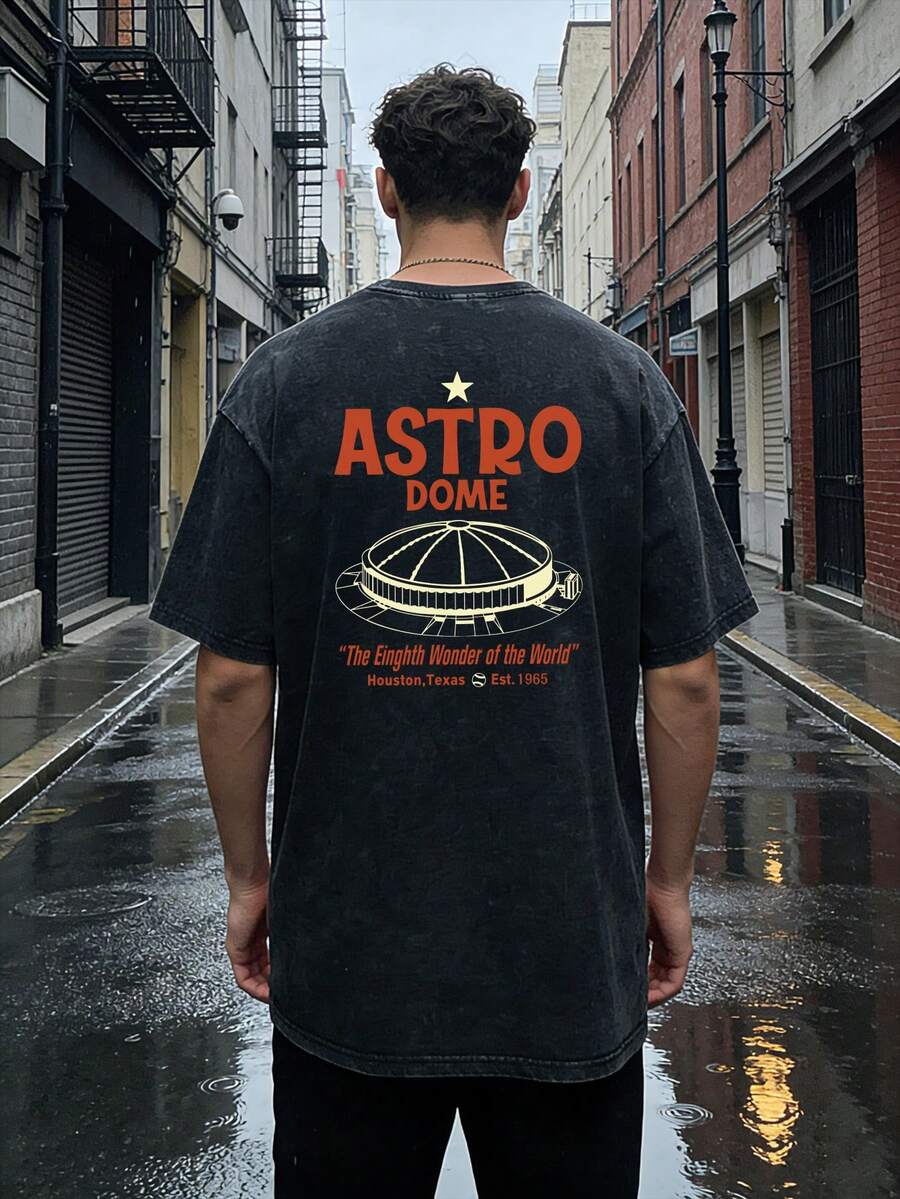 Men's Casual Fashion Washed T-Shirt, Graphic Tee Astro Dome Houston Texas 1965 T-Shirts Graphic T-Shirt Bulk Men's Graphic Fashionable And Unique Prints, Suitable For Parties And Daily Outings. Streetwear Essential Items For Trendsetters - 黑色 - 查看 1