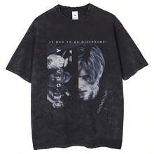 2025 Friend Game Leon S Kennedy Portrait Printed Short Sleeve Shirt 2025 Harajuku Summer Vintage Wash Cotton Men's Round N - màu đen - Xem 1