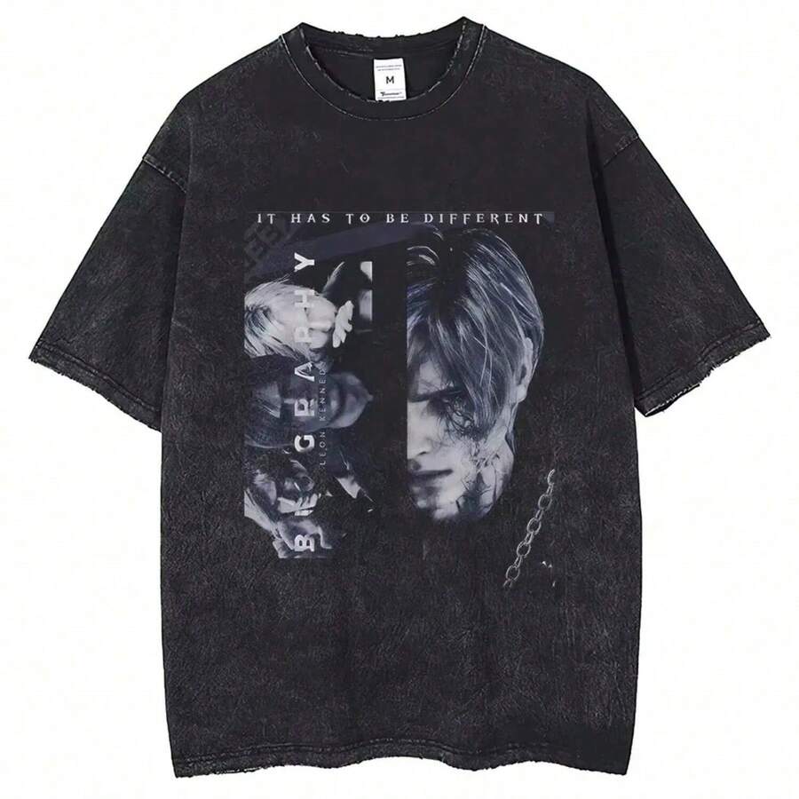2025 Friend Game Leon S Kennedy Portrait Printed Short Sleeve Shirt 2025 Harajuku Summer Vintage Wash Cotton Men's Round N - màu đen - Xem 1