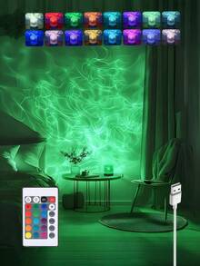 1个圆形投影灯，夜灯，水晶台灯，带旋转水波动态效果、火焰氛围灯，USB供电，7/16种颜色可选，带遥控器，RGB卧室夜灯，旋转水波设计，适用于房间、卧室、走廊、客厅、卧室装饰、房间装饰 - 彩色 - 查看 6
