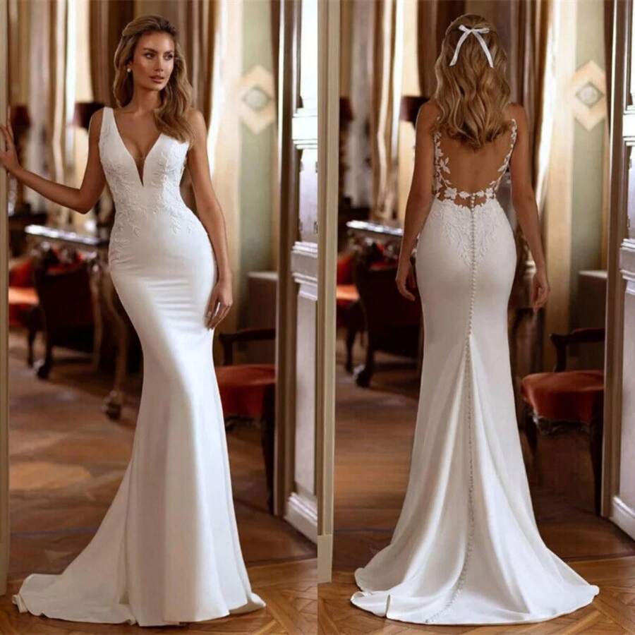 Elegant Sexy V Neck Backless Lace Appliqué Mermaid Stain Formal Wedding Dress,Registry Office Dresses Bridal Gown,Evening Party Dress Birthday Party Dress Country Wedding,Romantic Church Ceremony Wedding Dress,Suitable For Wedding,Dating,Party,Singles' Party,Vacation,Formal Occasions,Dinner Dress,Prom Dress,Homecoming Dess,Cocktail Party,Wedding Guest Dress,Graduation - 白色 - 查看 1