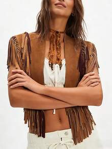 elfnokto Women's Western Cowgirl Style Solid Color Fringe Patchwork Poncho Jacket Vacation Brown Fall - Brown - View 7