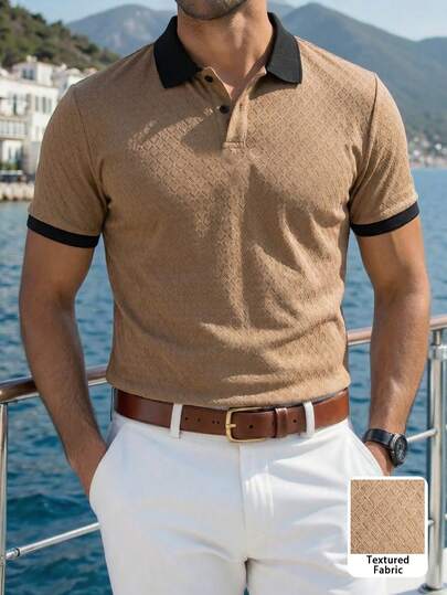Camisa polo casual de negocios para hombres, diseño de bloques de color jacquard, adecuada para el vestuario laboral de verano