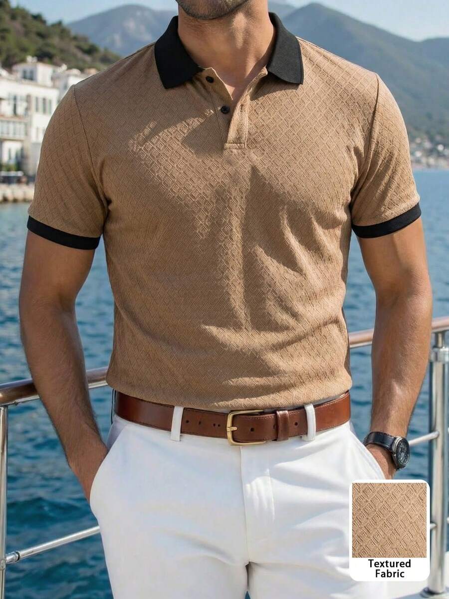 男士休闲商务通勤 Polo 衫,提花撞色设计,适合夏季工作穿着 - 摩卡棕 - 查看 1