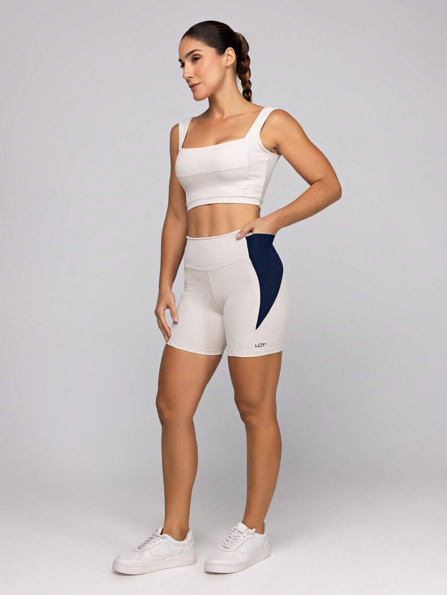 LOT FITNESS Women's Fitness Set: Gym Top With High Support And Shorts With Pockets - Frame - Sand - View 1