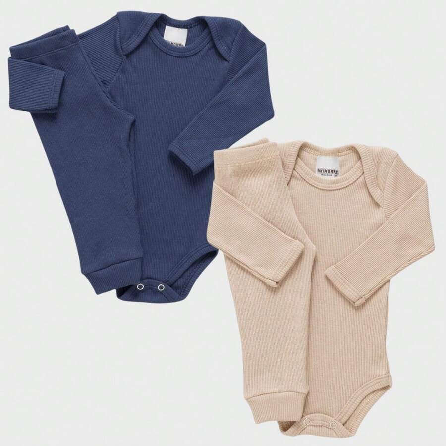 4-Piece Baby Set: Long-Sleeved Bodysuit + Plain Pants, Toddler Ribbed Knit Set, Sizes Newborn, Small, Medium, Large. - 海軍藍/卡其色 - 查看 1