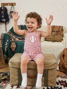 Mono para bebé niño con bonito bordado de golf/velero/béisbol, sin mangas, cuello cuadrado, a rayas y pantalón corto. - Rojo - Ver 4