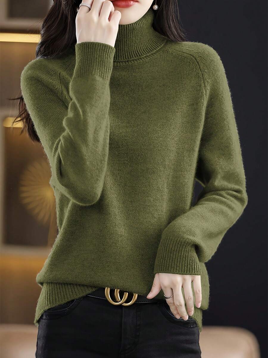 Women's Solid Color Turtleneck Wool Blend Sweater, Raglan Sleeve Knit Top - 綠色 - 查看 1