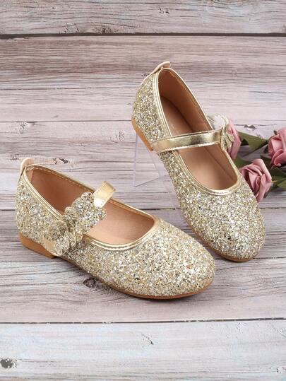 Zapatos planos de estilo princesa con lentejuelas doradas para niñas, zapatos de fiesta