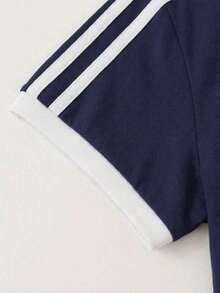 Navy Blue Women's Casual Contrast Stripe Collegiate Beach Daily Wear Round Neck Short Sleeve T-Shirt, Everyday Tops Summer - Navy Blue - View 4