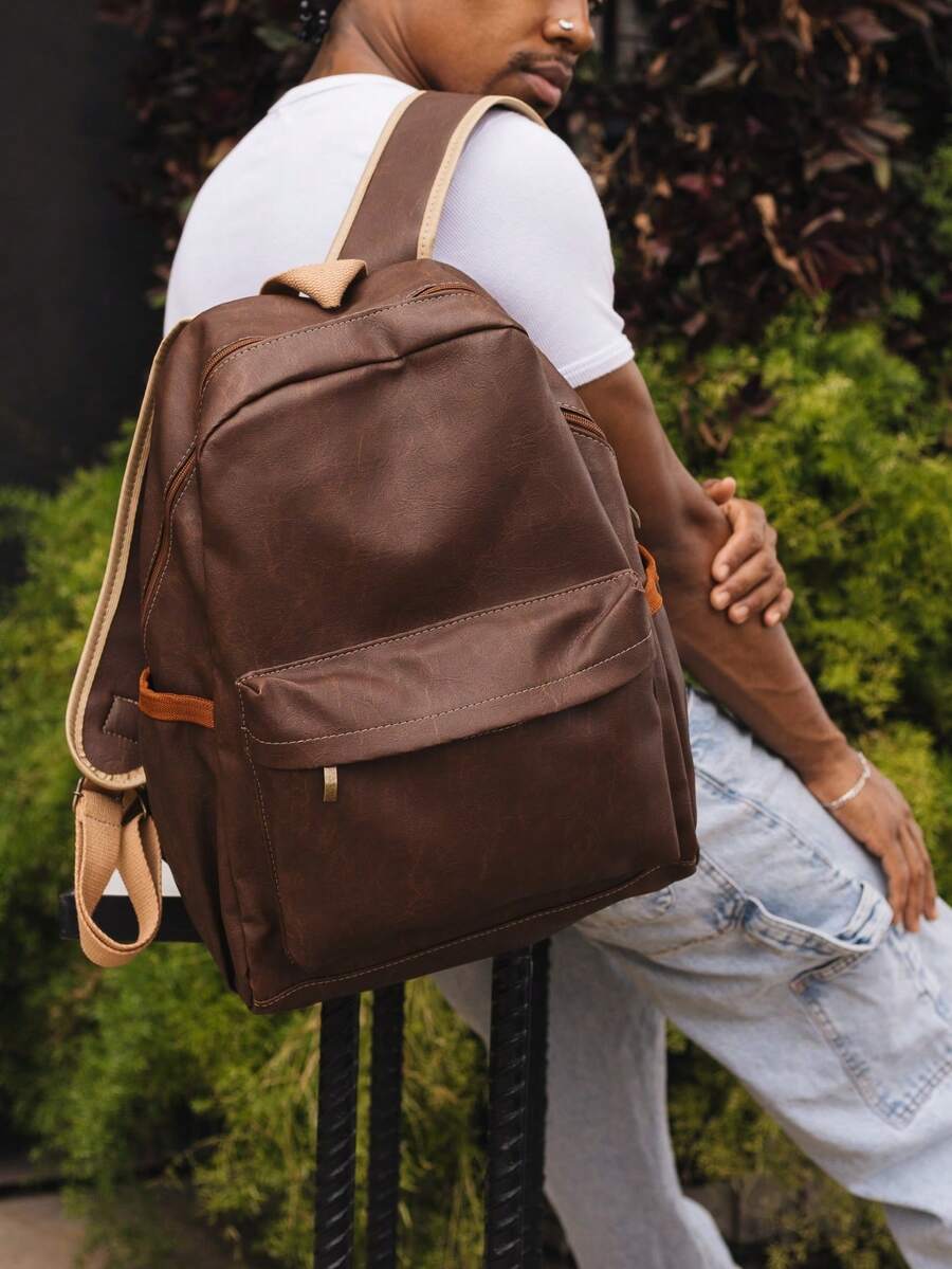 Synthetic Leather Backpack For College And Work, Fits A Laptop - 駝色 - 查看 1