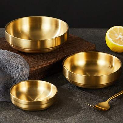 不锈钢金色调味碟，双层不锈钢圆形酱汁碟，汉堡和炸鸡酱汁碟，厨房餐桌用具及节日餐具 - 适合斋月使用