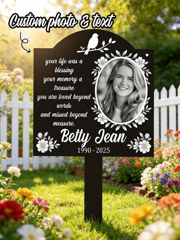 1pc Customized Photo & Text Floral Memorial Plaque, Personalized Remembrance Plaque With Poem & Floral Border, Grave Decoration Marker, Relative Memorial Plaque,Garden Decor