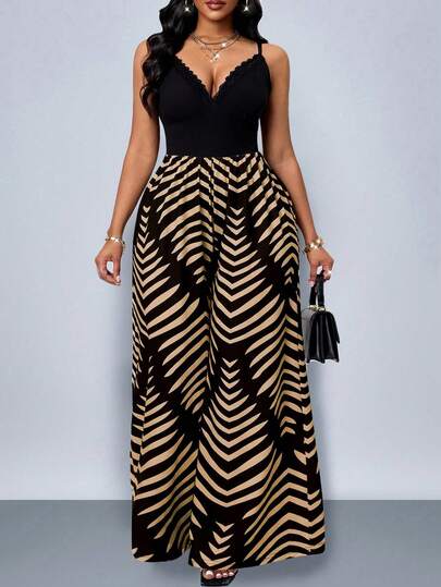 女士性感Y2K V领蕾丝撞色复古优雅弹力度假旅行印花复古连体裤