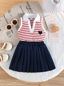 Baby Girls Collared Shirt With Heart Embroidery & Striped Pattern, Paired With Simple Pleated Skirt, Casual Summer Outfit For Little Girls - Red - View 1