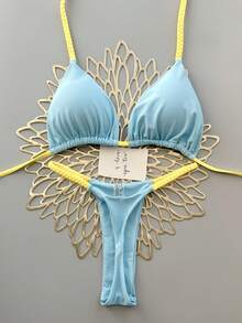 女士夏季沙滩撞色露背系带性感比基尼泳衣套装 - 淺藍色 - 查看 2