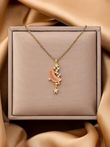 1 Pc 18K Gold Stainless Steel Cherry Butterfly Moon & Star Heart Pendant, Crystal Bow Charm Necklace, Spring Summer Jewelry For Women Daily Wear - Multicolor - View 3