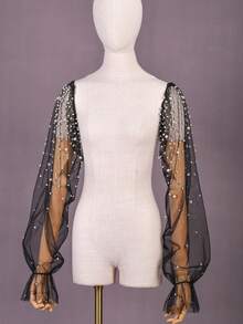 1 Pair Long Pearl Sleeve Sheer Mesh Beaded Detachable Bridal Arm Sleeves, Elegant For Party, Wedding, Banquet - 黑色白珍珠 - 查看 6