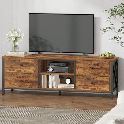 TV Cabinet With 4 Drawers, TV Stand For TVs Under 65 Inches, With 2 Open Compartments, 40 X 147 X 50 Cm, TV Cabinet For Living Room, Bedroom, Vintage Brown-Black