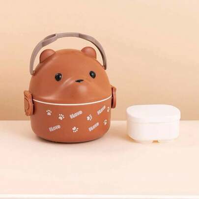 1个可爱小熊造型便携式微波炉便当盒，多层大容量卡通午餐盒，配有勺子和叉子，防漏密封食品容器，适合学生、上班族在学校、餐厅、户外和家庭使用。