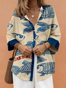 Áo thun ngắn tay dáng rộng thoải mái, họa tiết cá nhiệt đới và chữ cái ngẫu nhiên, kiểu dáng regular fit, mới ra mắt mùa xuân/hè của Starfish, dành cho nữ. - Nhiều màu - Xem 4