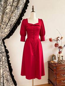 红色编织中长连衣裙 – 方领、泡泡袖、纽扣前襟、交叉露背设计、收腰A字裙摆 – 轻盈透气面料，完美适用于约会之夜、鸡尾酒会和复古主题活动 – 魅力四射、优雅迷人、永不过时 - 紅色 - 查看 6