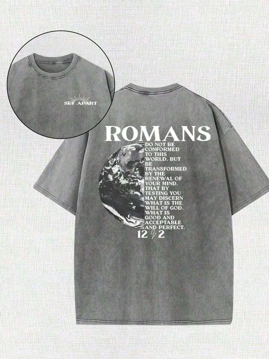 2026 Summer TopsWeStyle Hub Valentine's Day 1 PcsEarth Religious Cross With Retro Design Christian Jesus Printed Retro Washed T-Shirt, 230G, Retro Street Style. Simple And Versatile, Pure Cotton Is Of High Quality, Novel And Fashionable, And It Is A Must-Have Fashion T-Shirt For Spring And Summer.180g 100% CottonLoose And Comfortableshirt - 灰色 - 查看 1