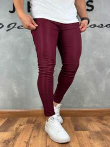 Black Tailored Trousers, Plain, Traditional Style, 4% Lycra - 深紅色 - 查看 8
