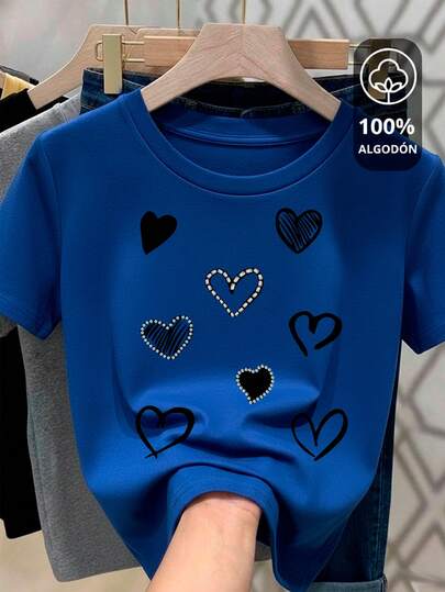 Camiseta para mujer de 100% algodón, suave y cómoda de manga corta y cuello redondo con estampado de corazones con diferentes texturas Día de San Valentín Festividades Día del amor y amigo 14 Febrero