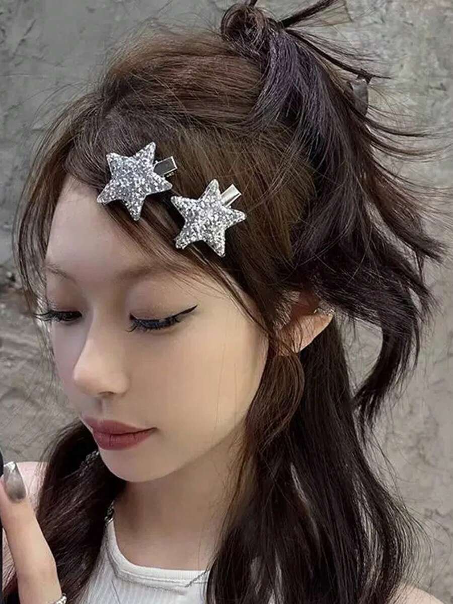 Clip para el cabello con estrella de purpurina estilo Y2K, clip de flequillo con estrella de cinco puntas lindo y elegante, accesorio de clip lateral de diseño de nicho - Multicolor - Ver 1