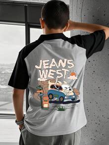 Boys' Summer New Funny Car & Letter Print Short Sleeve Polo T-Shirt, Children Summer Outfit - Grey - View 1