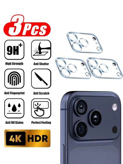 三片装 - 透明摄像头镜头保护膜，全屏覆盖，适用于 17 Pro Max，也兼容 16 Pro Max、15 Pro Max、15 Pro Max Plus、14 Pro Max、13 Pro Max、12 Pro Max 和 11 系列机型。军规级防刮膜，9H 钢化玻璃摄像头保护膜，【不影响夜间拍摄】，兼容手机壳，情人节礼物之选。