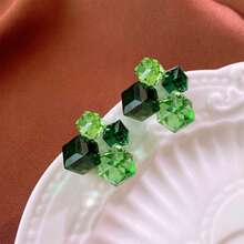 1 Pair Geometric Cube Stud Earrings, Gradient Candy Cube Versatile Earrings For Women, Party & Gift - Green - View 5