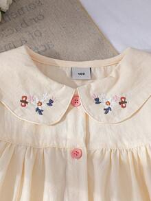 Young Girl Embroidered Collar Short Sleeve Blouse, Summer - Apricot - View 3