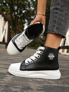 女士高帮休闲鞋，粗鞋带，时尚黑白简约踝靴，百搭户外鞋 - 黑色 - 查看 5