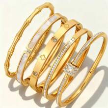 5pcs/Set Personalized Gold Stainless Steel Bangle Bracelet Set, Unique Design, Fashionable Multi-Element, Exquisite Ideal Gift, Anti-Fading Jewelry - CL-5654 - View 4