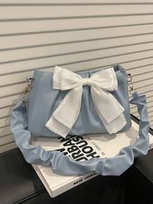 Borsa a tracolla con catena plissettata e decorazione a fiocco - celeste - Visualizzare 9