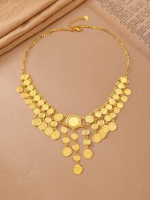 1件24K镀金中东斋月硬币流苏项链，多层浮雕圆形吊坠 - 金黃色 - 查看 5