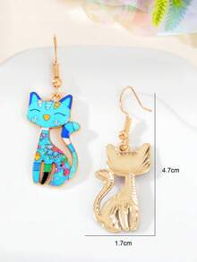 1对趣味花朵装饰蓝色珐琅动物猫咪吊坠耳环，适合派对、日常佩戴、节日佩戴，女士饰品 - 彩色 - 查看 4