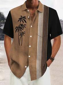 Vintage Bowling Coconut Tree Striped 3D Print Plus Size Men's Button Pocket Short Sleeve Shirt - Brown - View 2