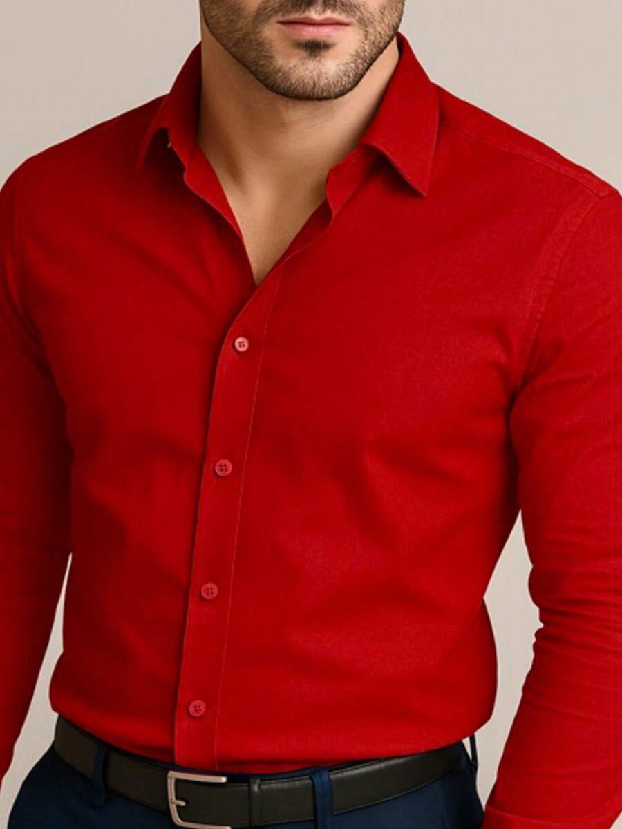 Men's Long-Sleeved Slim Fit Shirt, Luxury Premium Style, Wrinkle-Free - 紅色 - 查看 1