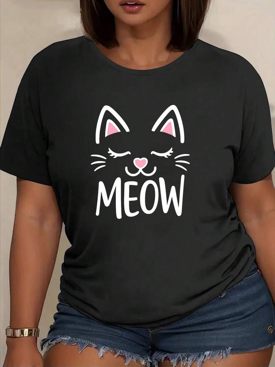 Camiseta Y2K con diseño de gato encantador y la palabra MEOW perfecta para amantes de los felinos y la moda divertida, ideal para cualquier ocasión y para destacar en el estilo mexicano actual. Disponible en talla única. - Negro - Ver 1