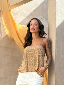 Women Camisole, Sleeveless Tops Backless Tie-Up Riveted Summer Vest For Party Club - Khaki - View 10
