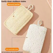 2 piezas Esponja de luffa de pulpa de madera natural, fuerte, descontaminante, fácil de limpiar, esponja de algodón de pulpa de madera para lavar platos - Embalaje reversible (esponja vegetal + algodón de pulpa de madera) en bolsas OPP - Ver 8