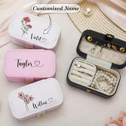 Customized Name Jewelry Box, Personalized Jewelry Box, Birth Month Flower Jewelry Box, Travel Jewelry Box, Bridesmaid Gift, Gift For Her, Mother's Gift, Mother's Day Gift