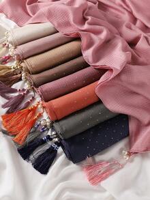 200厘米*85厘米加大码奢华水钻装饰端庄褶皱格纹流苏珍珠吊坠透气纯色穆斯林头巾 - 彩色 - 查看 2