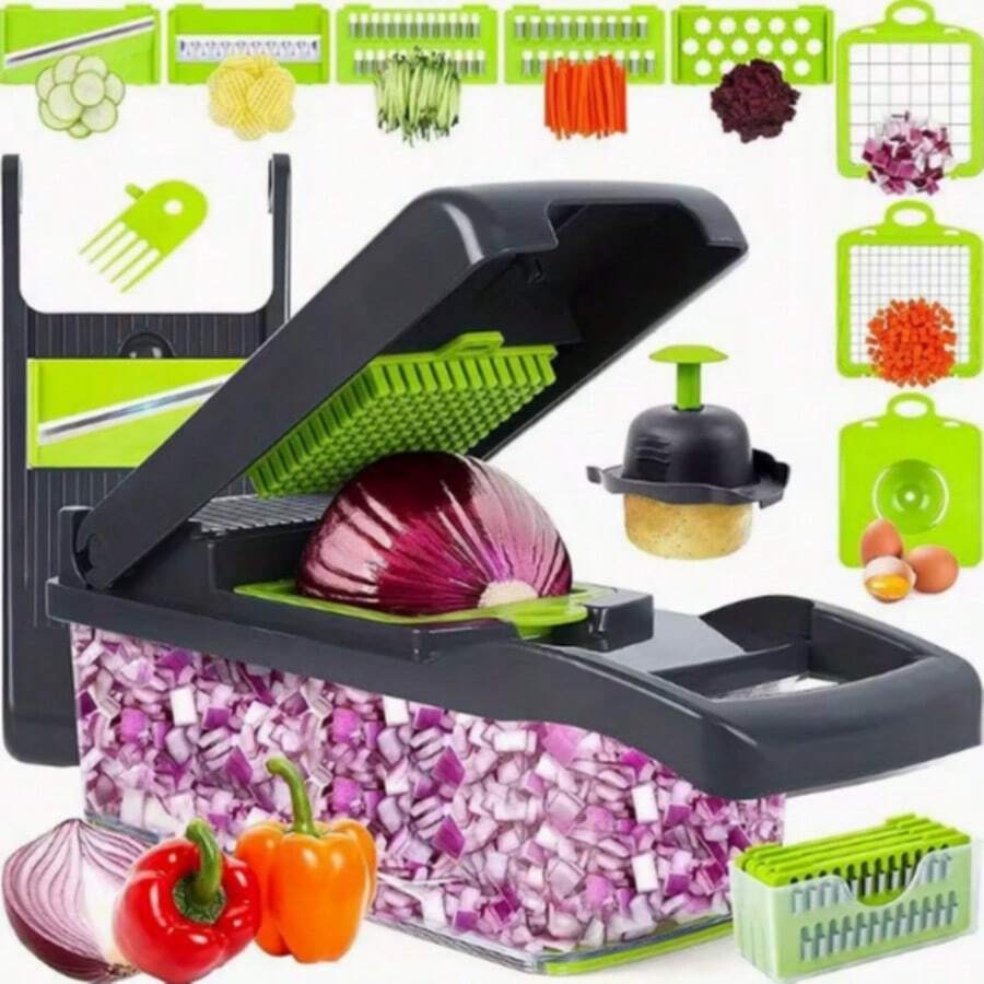 16-In-1 Multi Functional Vegetable Chopper Kit With 7 Replaceable Blades & Storage Container, Multi Purpose Dicer Slicer Mandoline Cutter For Onion Potato Carrot, Easy Food Prep Kitchen Gadget, Perfect Mother's Day Housewarming Gift