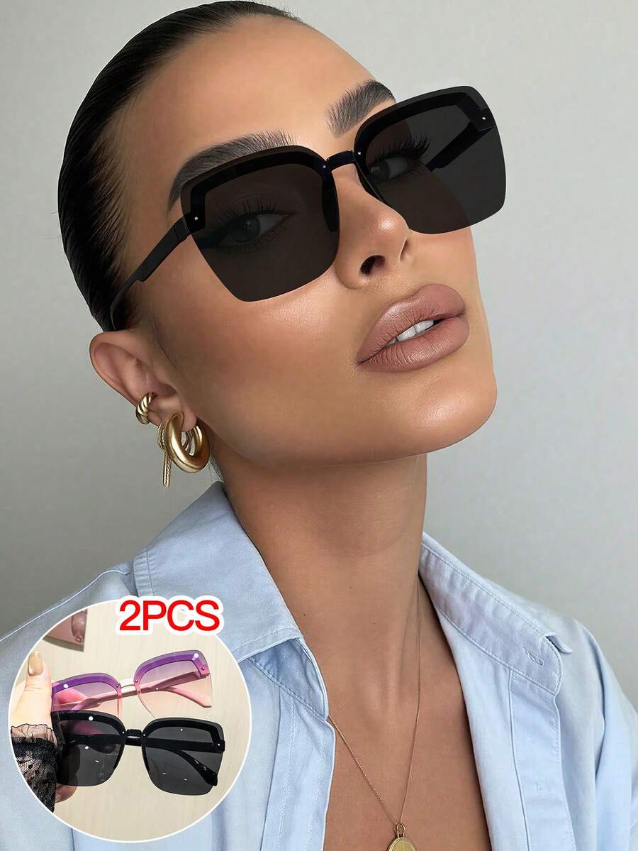 2 chiếc kính thời trang nữ gọng vuông không viền, chất liệu polycarbonate, đeo không gây áp lực, kiểu dáng thường ngày, thích hợp cho hoạt động ngoài trời, đi làm, lễ hội, dự tiệc, kèm hộp đựng kính. - Nhiều màu - Xem 1